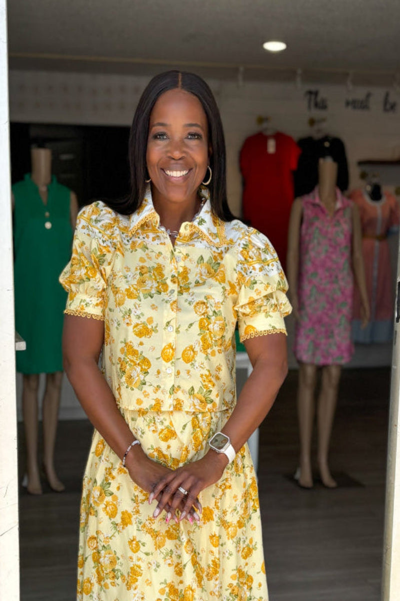 Yellow Floral Puff Sleeve Top | Scallop Collar
