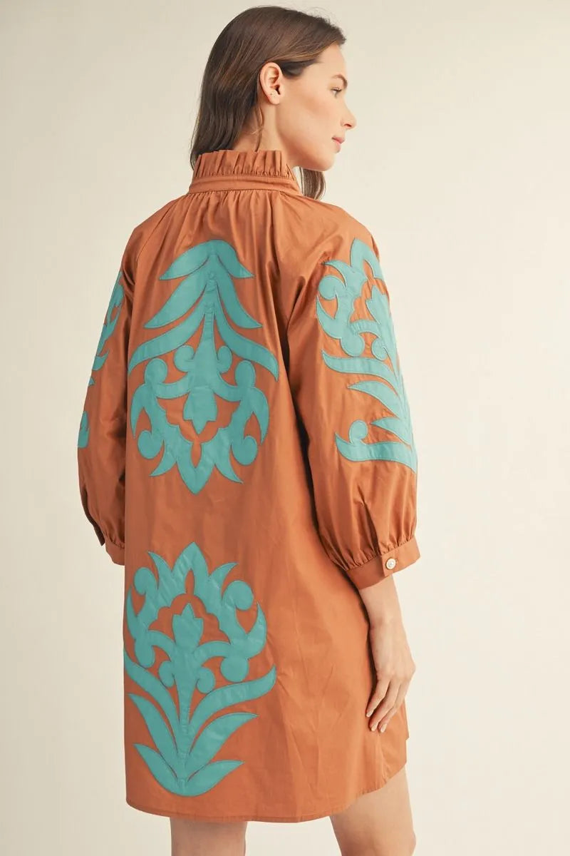 Brown Teal Appliqué Shift Dress