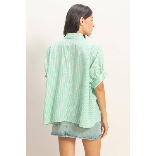 Striped Short Sleeve Button-Front Blouse: GREEN