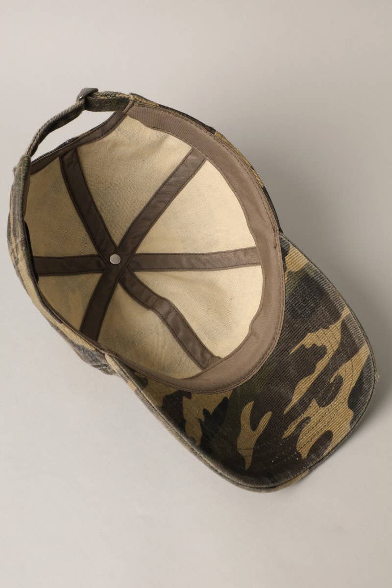 Camouflage Distressed Cotton Baseball Cap Hat: OLIVE / One Size
