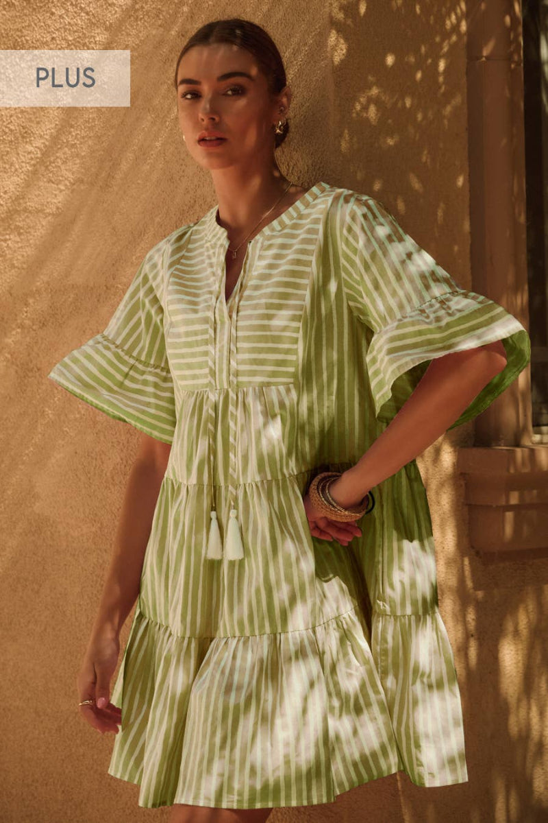 Edith Striped Tired Baby Doll Mini Dress - Honeydew