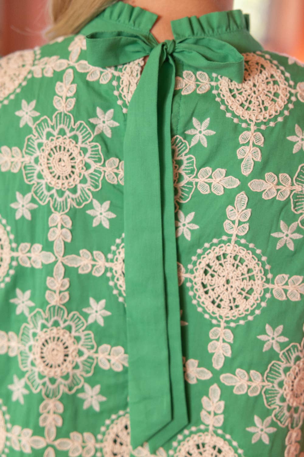 Virginia Cotton Embroidered Ruffle Sleeve Back Ribbon Tie Dress - Green
