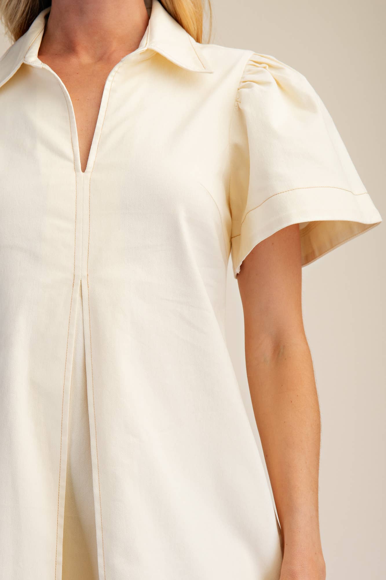 Collar V-Neck Pleated Mini Dress: Butter Yellow / L