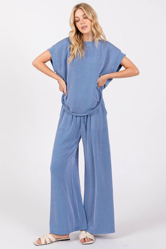 Carrie Striped Rib Knit Lounge Set - Blue