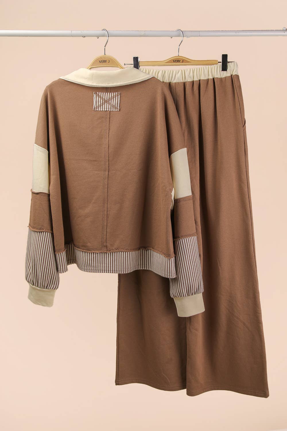 Glam Color Block Casual Knit Top & Pants Set - Mocha