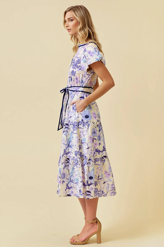 FLORAL PRINT TIERED MIDI DRESS - PERIWINKLE