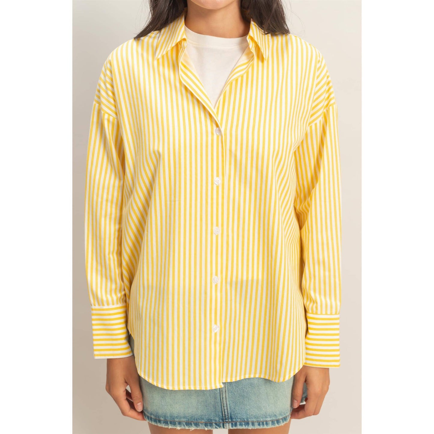 Cyrena Striped Button-Up Shirt - YELLOW