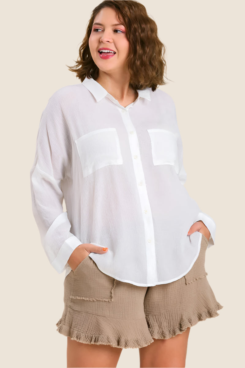 Adeline Plus Size Button Down Long Sleeve Top - White