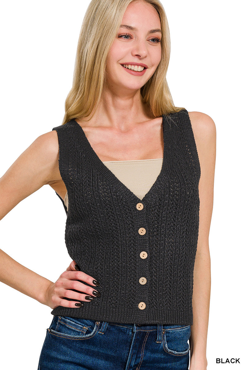 Aitana Button Down Sweater Vest - Black