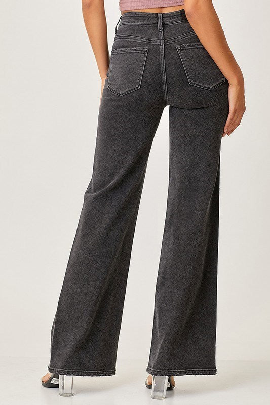 Eva Flap Front Wide Leg Jeans - Black