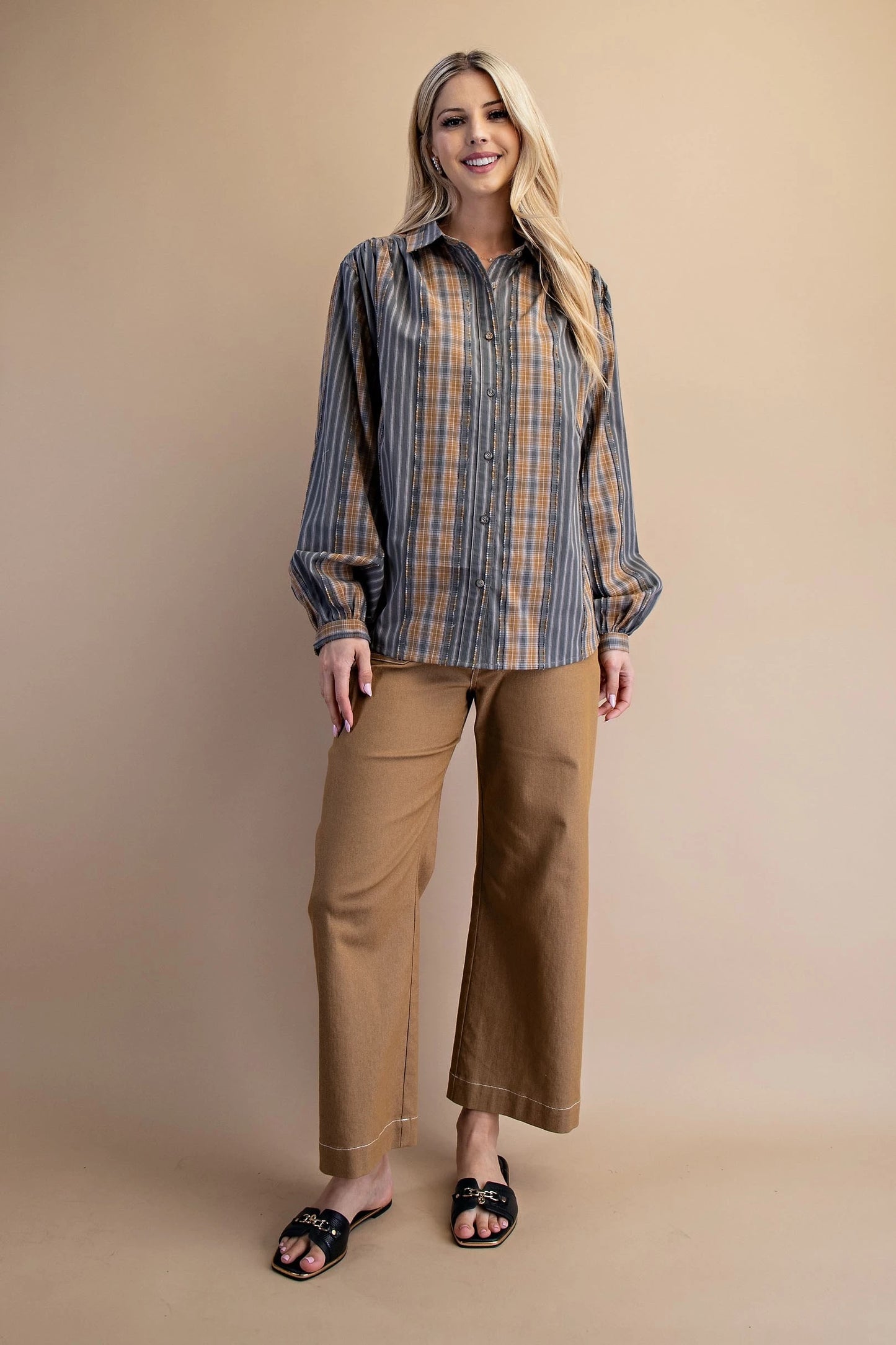 Bailee Mixed Check and Stripe Button Down - Green