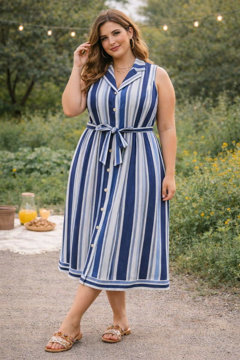 midi dress rayon Plus Blue Stripe Belted How to Cook a 100% Polyester Hand Wash Style:Loungewear Color:Same as picture