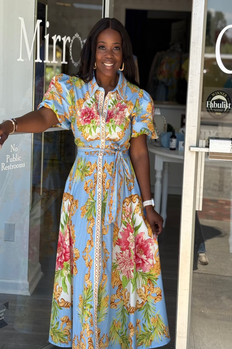 Blue Baroque Floral Midi Dress | Puff Sleeve