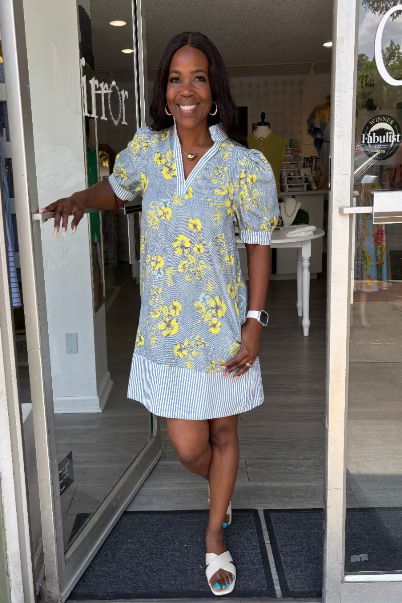 Blue Floral Puff Sleeve Mini Dress
