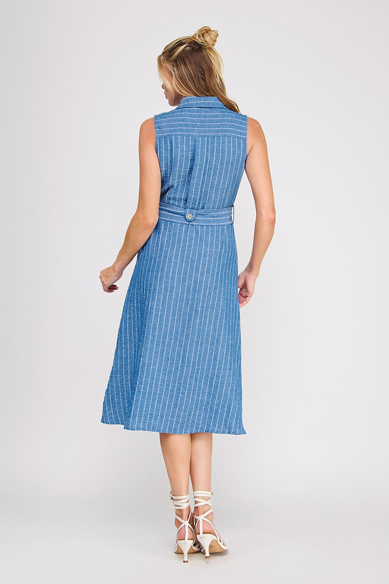 Blue and white pinstripe sleeveless midi shirtdress with spread collar, full button-down front, self-fabric tie waist, and A-line skirt — Mirror on Main