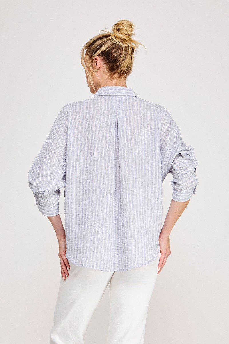 Blue Stripe Linen Blend Roll Tab Button Down Shirt