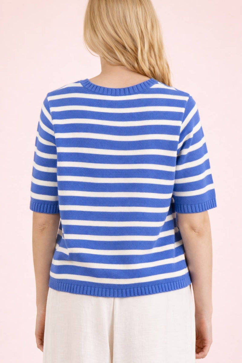 Blue and cream striped 100% cotton knit cardigan with round neckline, short sleeves, gold-tone button closure, and ribbed hem — Mirror on Main
