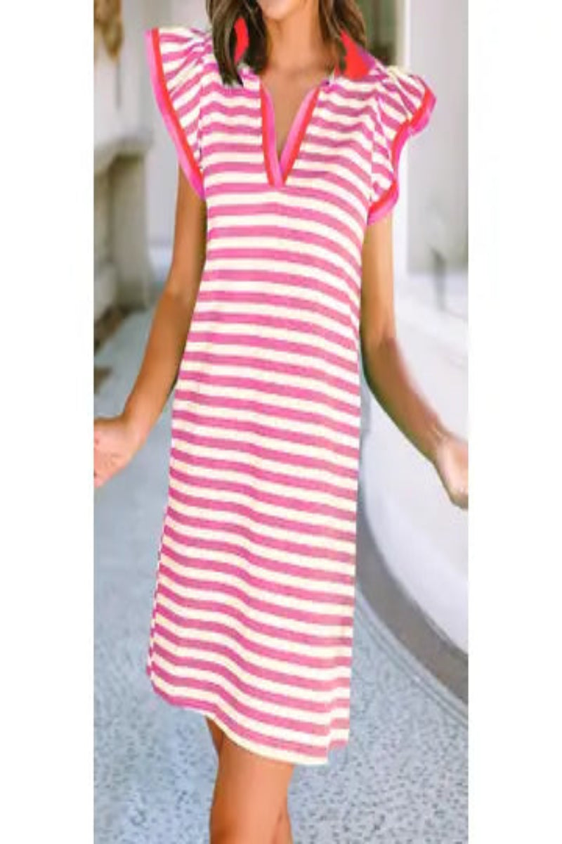 Camila Stripe Print Contrast Collar Split Neck Short Dress - Pink