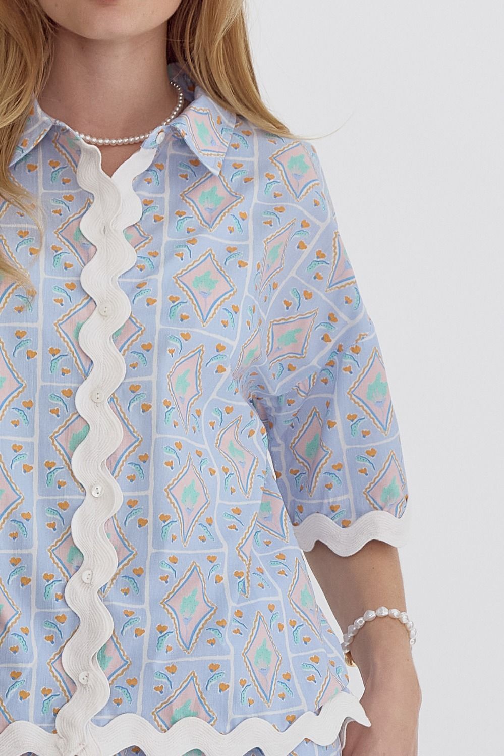 Coastal Charm Rick Rack Button-Up Top