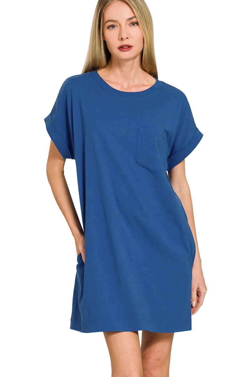 Short sleeve cotton t-shirt dress with rolled sleeves and pockets, shown in navy.