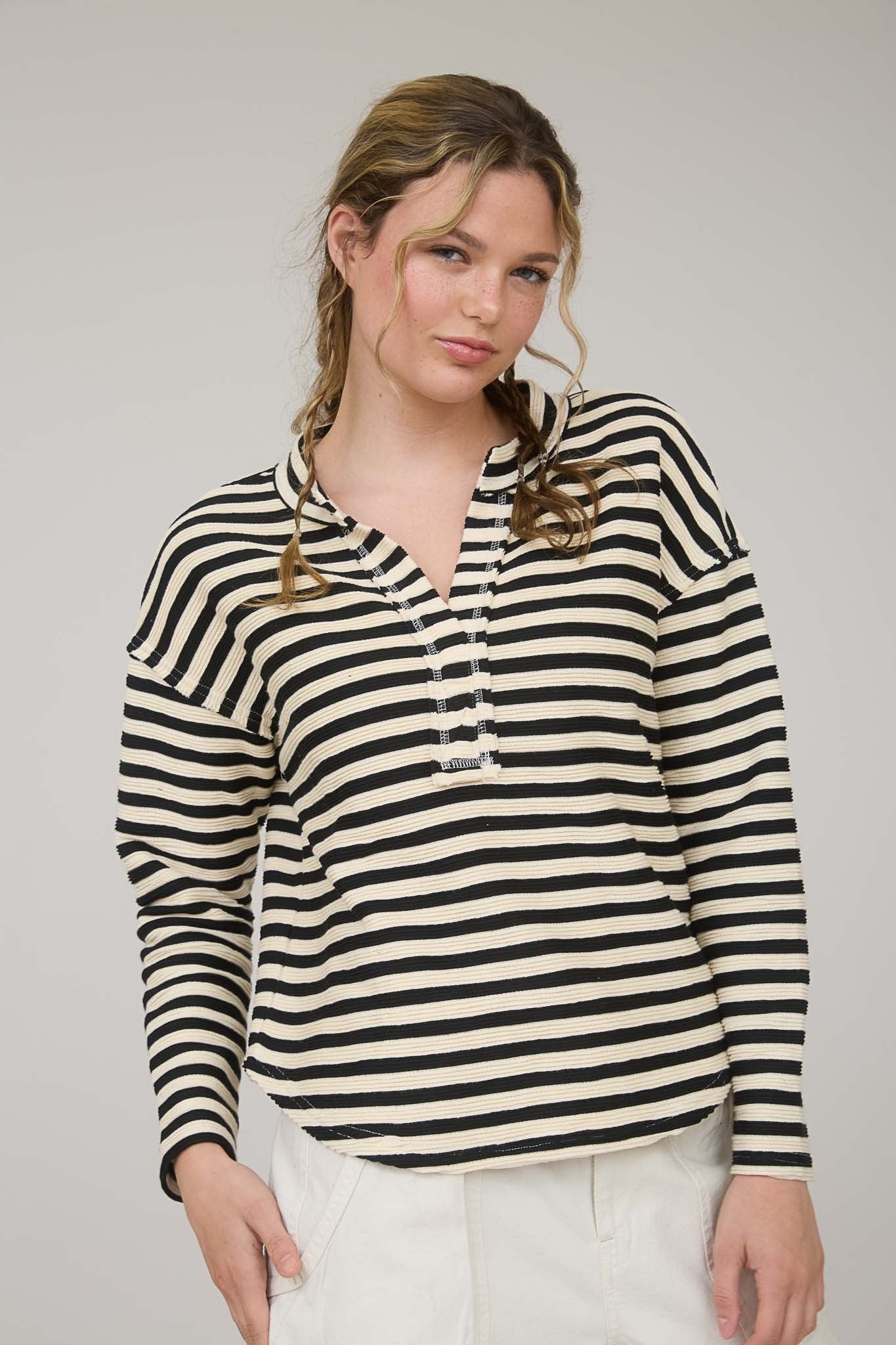 Evie Stripe Long Sleeve Knit Top - Black