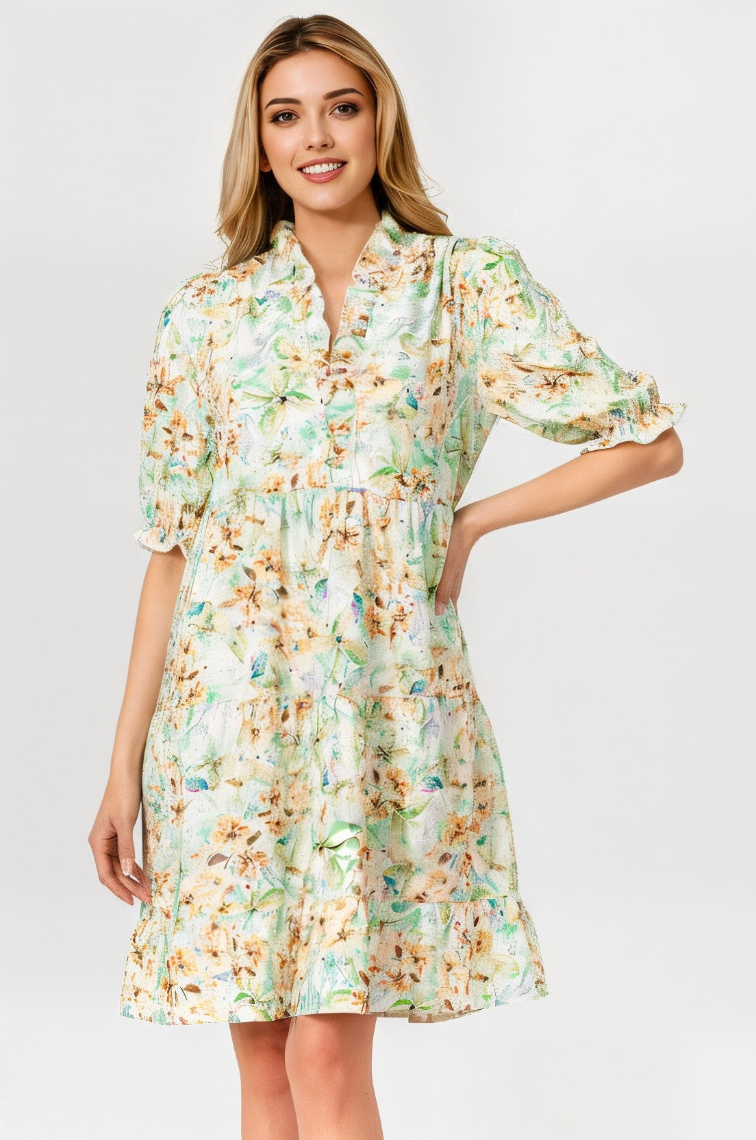 floral ruffle neck tiered mini dress styled for spring brunch and everyday feminine outfits