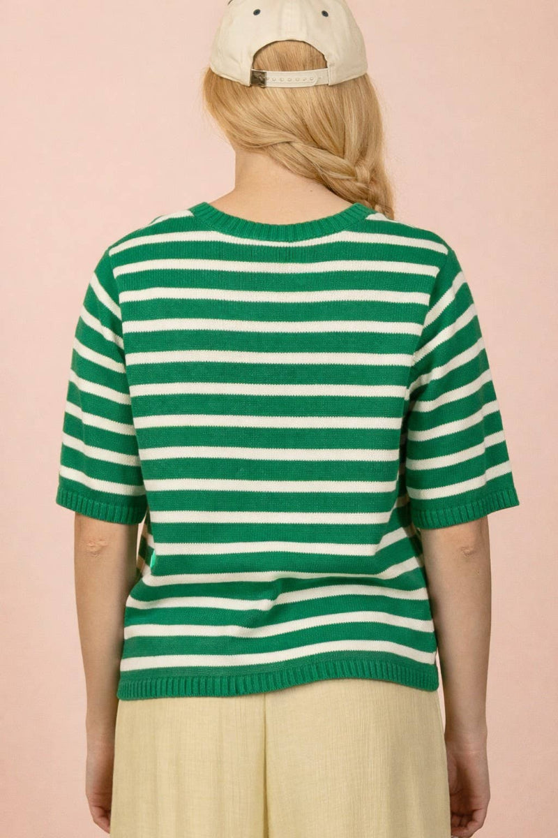 Green and cream striped 100% cotton knit cardigan with round neckline, short sleeves, gold-tone button closure, and ribbed hem — Mirror on Main