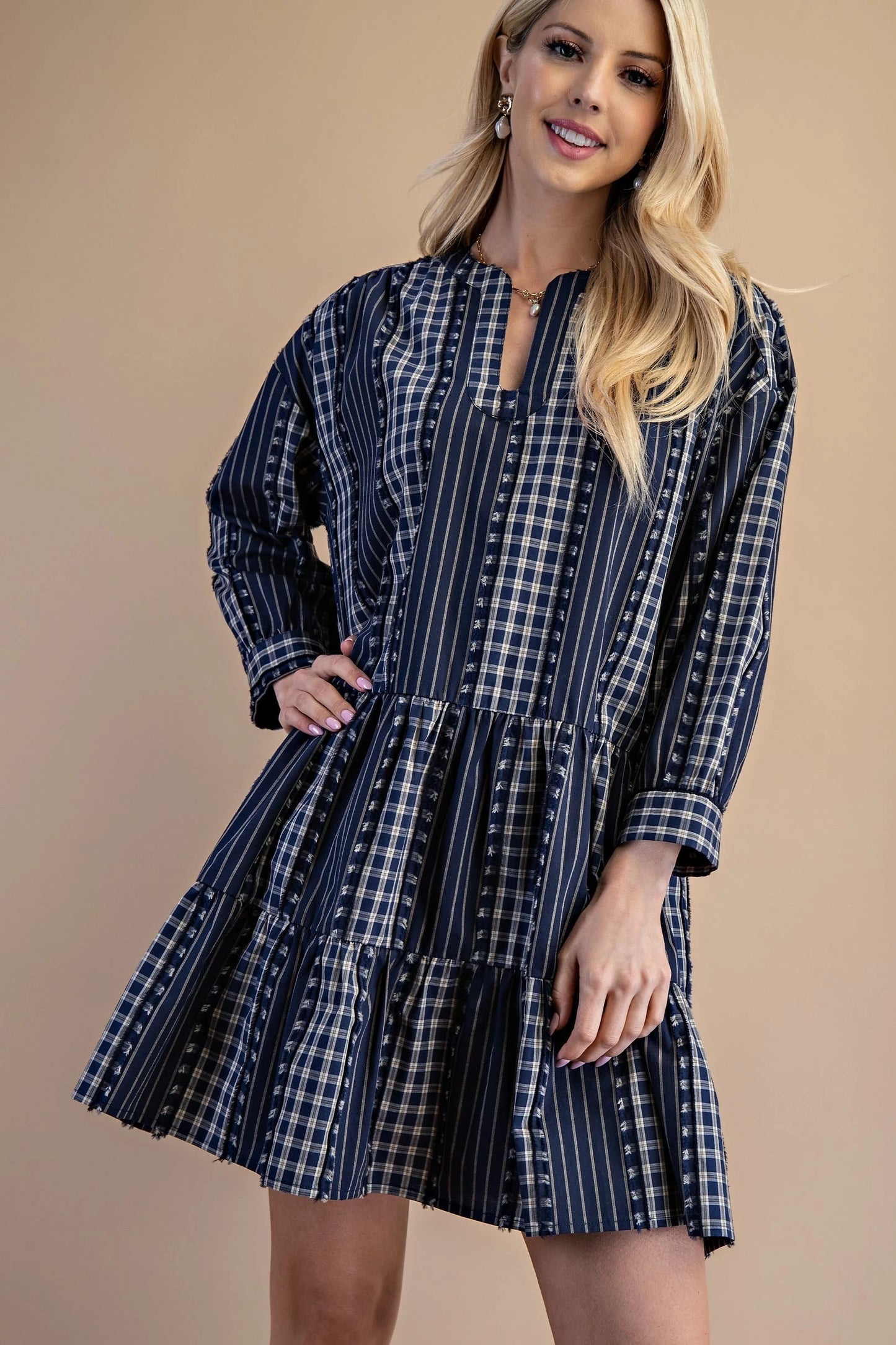 Kara Check and Stripe Long Sleeve Dress - Navy