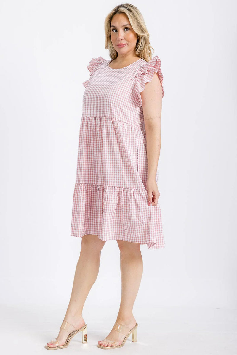 Liz Plus Size Ruffle Sleeve Tunic Mini Dress Mauve Plaid