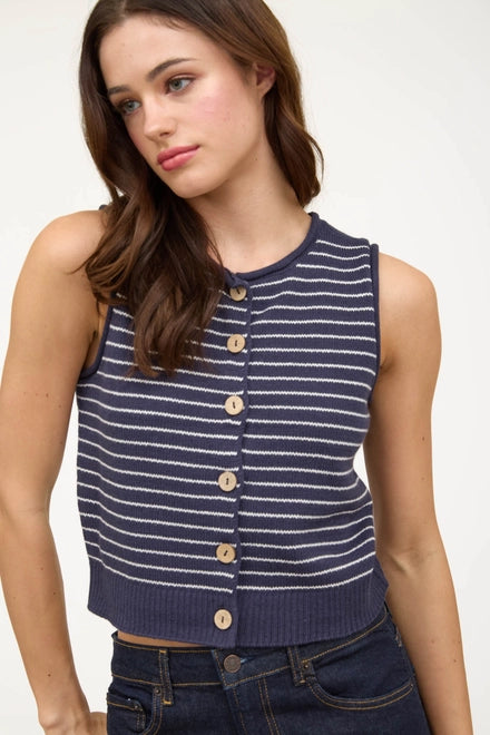 Lizzy Stripe Raw Edge Button Down Cardigan Vest - Navy