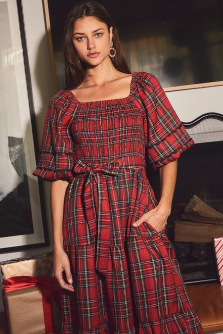 Mina Smocked Plaid Midi Dress - Red