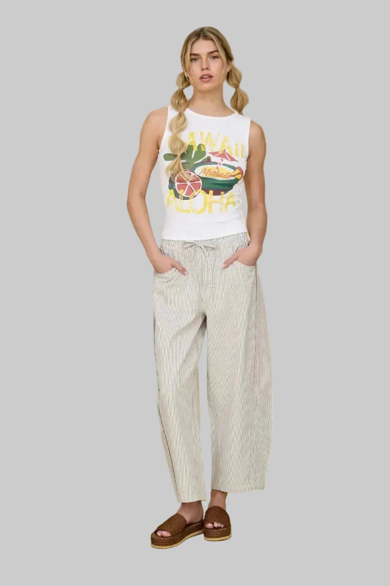 Natural and sage green pinstripe 100% cotton barrel leg pants with elastic drawstring waist, side pocket, and cropped length — Mirror on Main