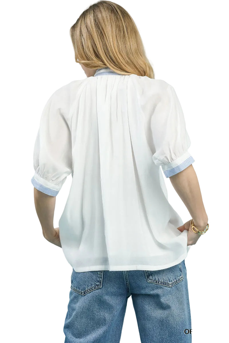 Off-white modal puff sleeve top with blue stripe contrast trim at split V-neckline and elasticated cuffs, back pleat detail, relaxed oversized fit — Mirror on Main