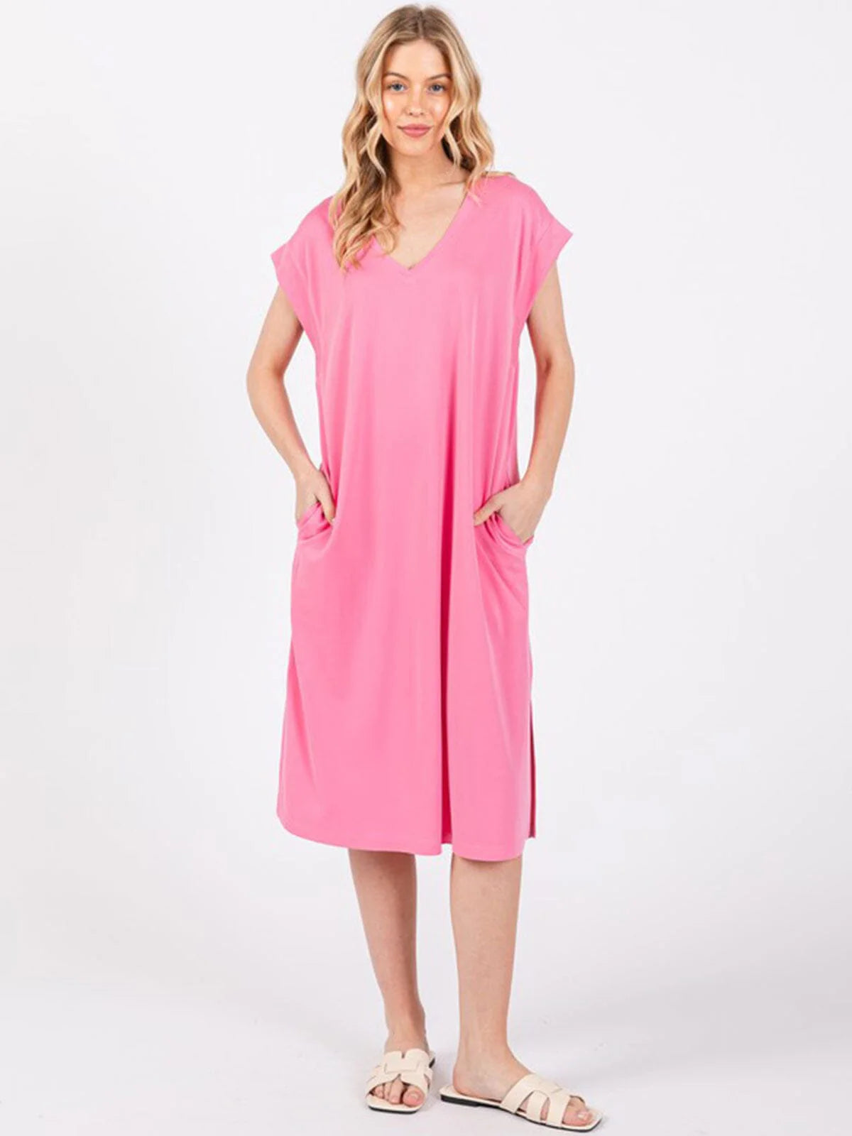 PIPPA V-NECK FRONT POCKETS SLIT MIDI DRESS - PINK