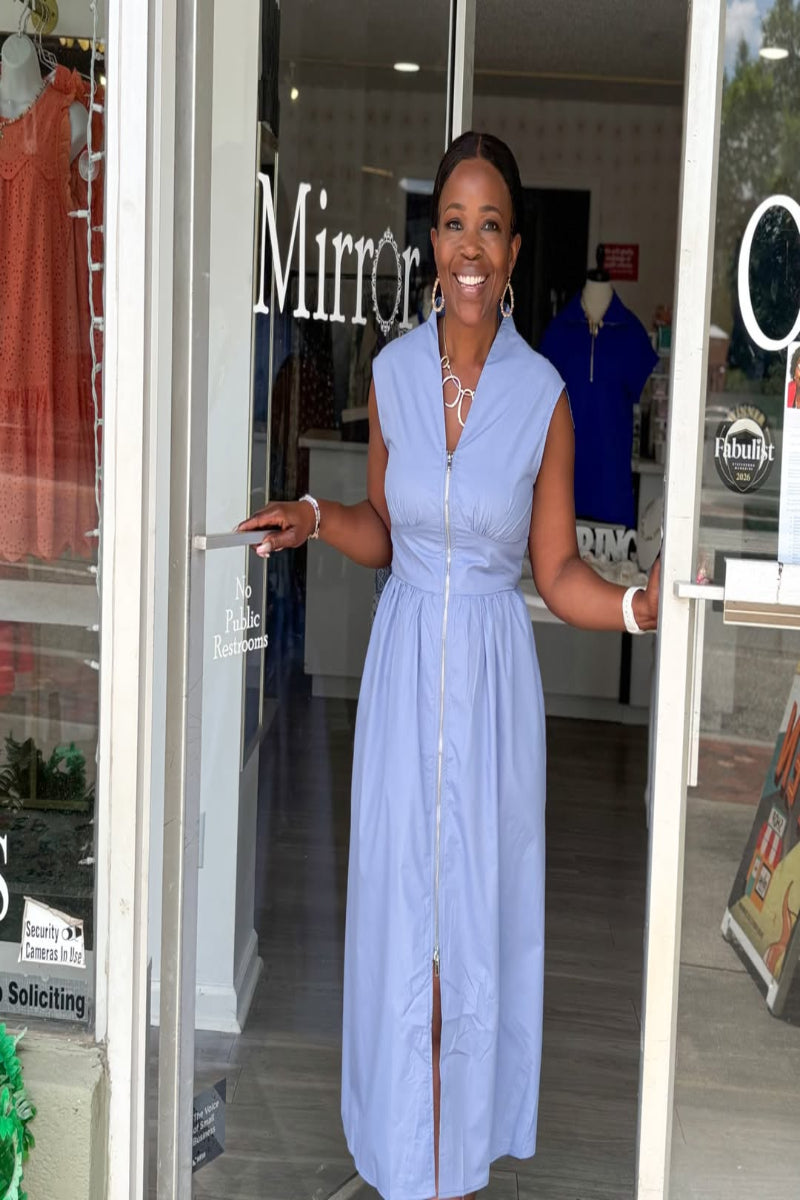 Blue Zip-Front Midi Dress | Empire Waist