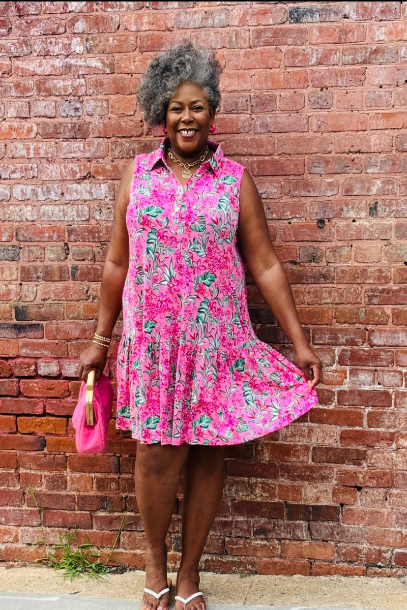 Pink Tropical Floral Tiered Mini Dress (Plus Size)