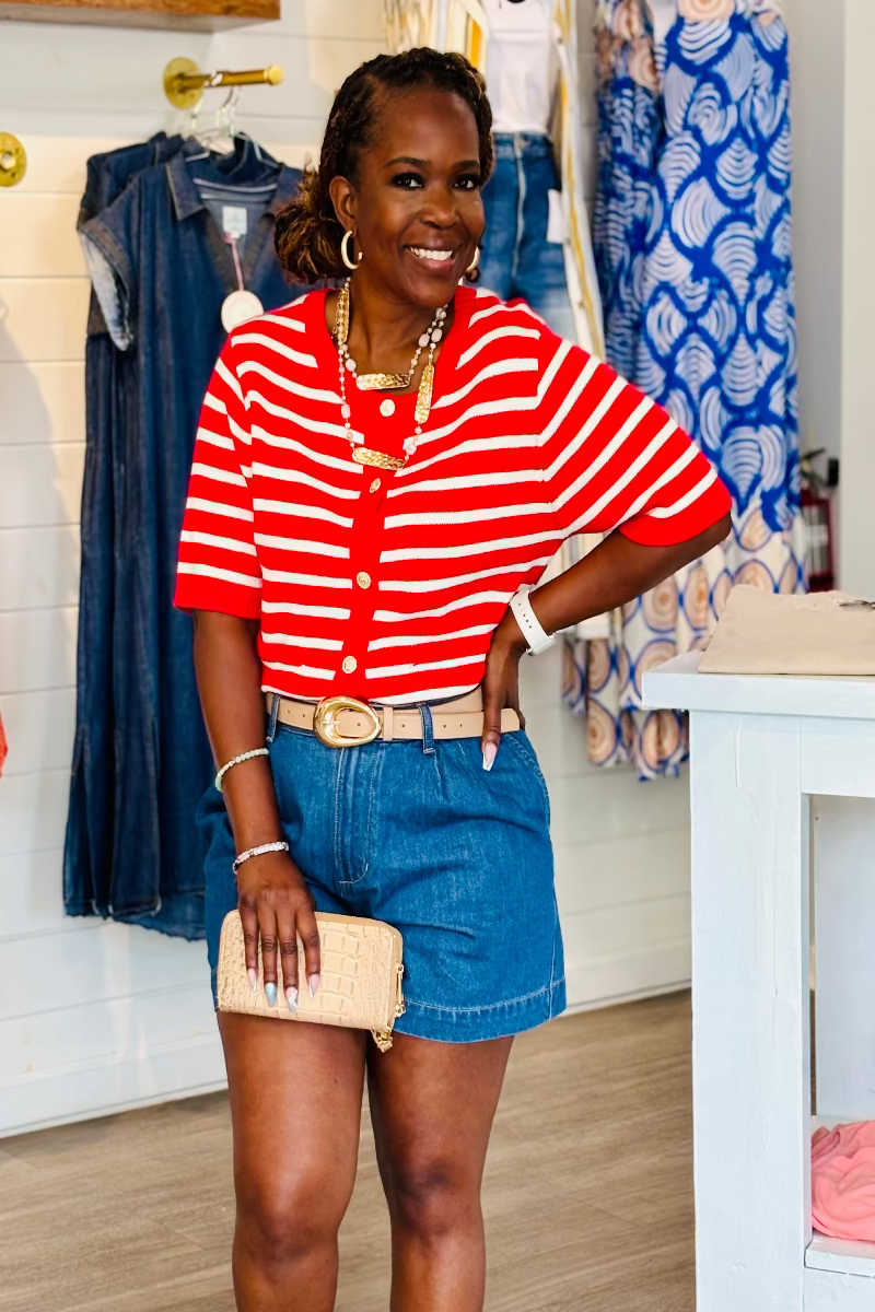 Red and cream striped 100% cotton knit cardigan with round neckline, short sleeves, gold-tone button closure, and ribbed hem — Mirror on Main