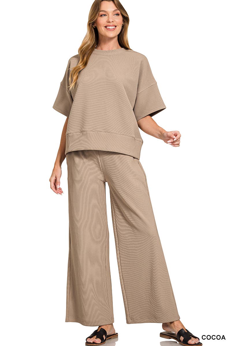 Ribbed Round Neck Tee & Pants Set - Cocoa
