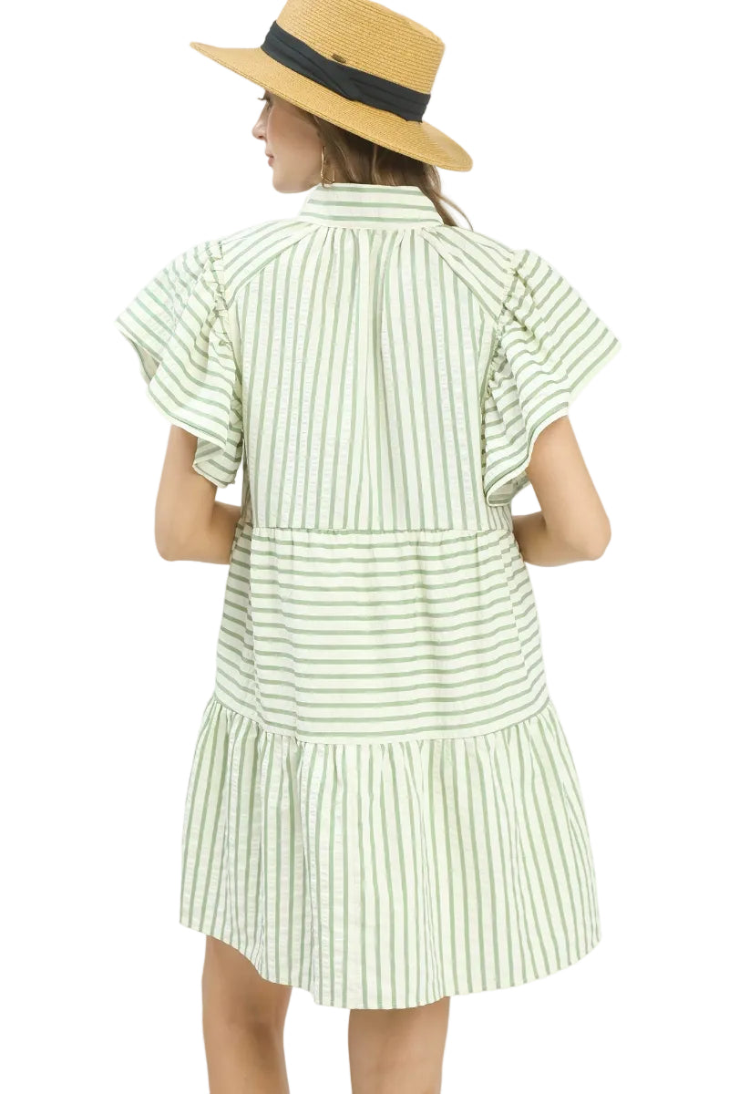 Sage green and white stripe babydoll dress with ruffled V-neckline, double flutter sleeves, and three-tiered lined skirt above the knee — Mirror on Main