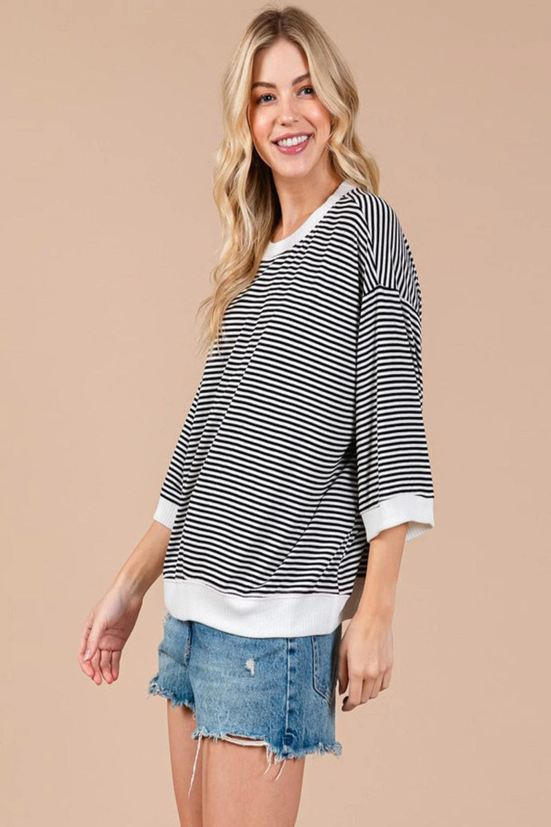 Shelly 3/4 Sleeve Striped Tunic Top - Black