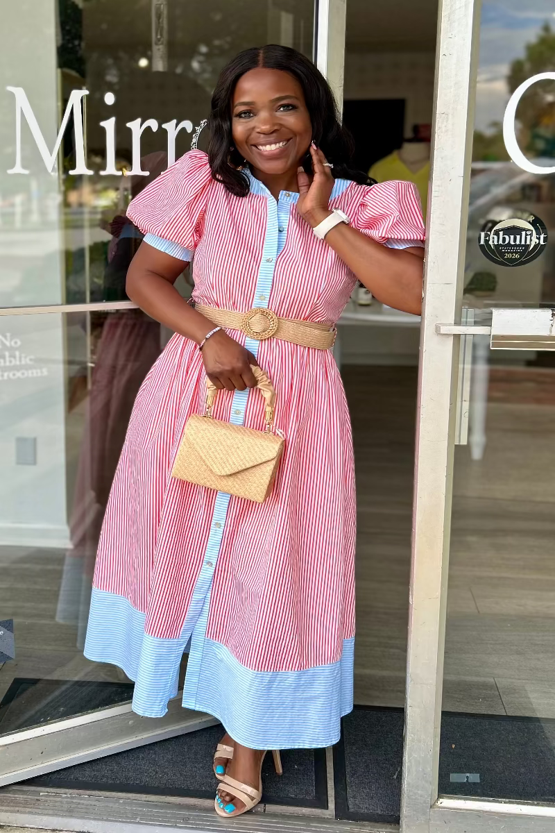 Striped Puff Sleeve Midi Dress | Cotton Button-Down