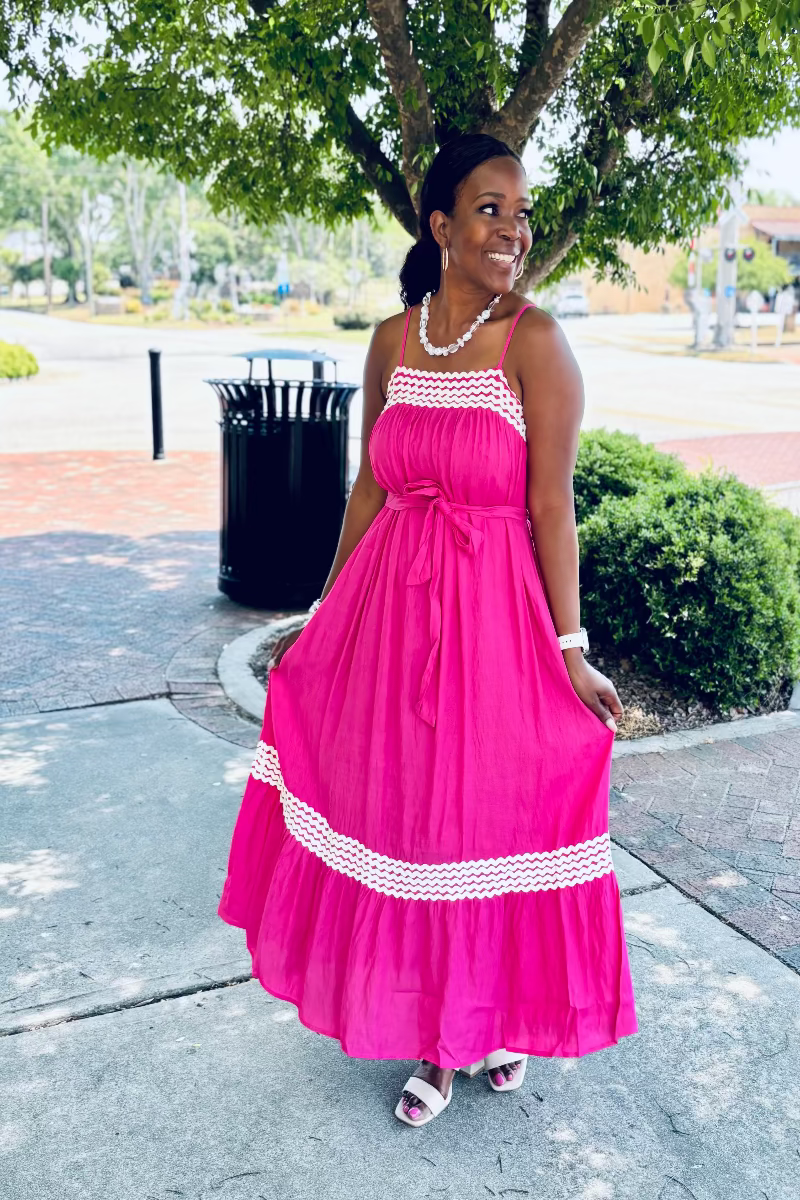 midi length summer dress Pink Ric Rac Trim – Sleeveless Dress – Mirror On Main Iridescent Pink Metal Mesh inspired print! Voodoo Vixen Color:Dark Emerald