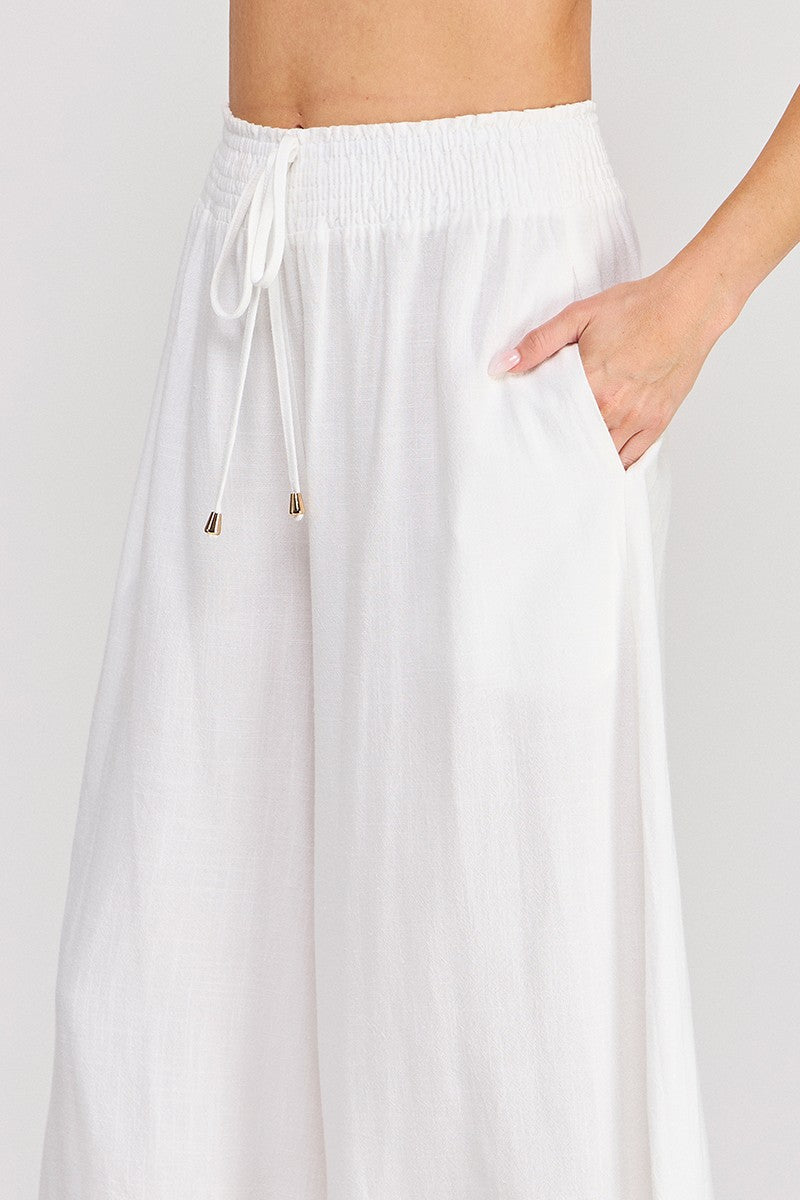 White Linen Smocked Tie Waist Wide Leg Capri
