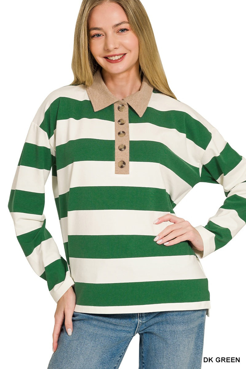 Women's dark green and ivory striped long sleeve polo top with contrast collar, button placket and relaxed fit – Mirror On Main