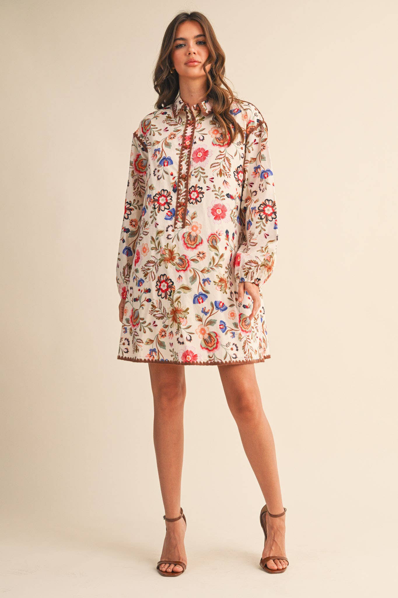 May Print Buttoned Mini Dress - Cream Multi