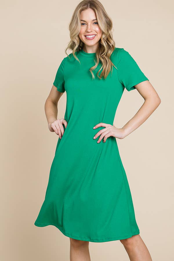 Victoria Ribbed Round Neck Short Sleeve Dress - Green