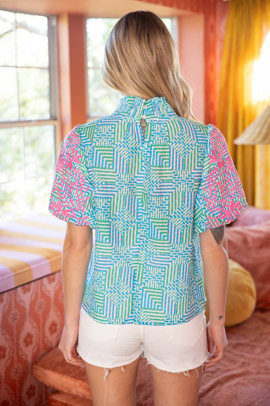 36395 Smocked Neck Contrast Embroidered Bubble Sleeve Top: Blue / L