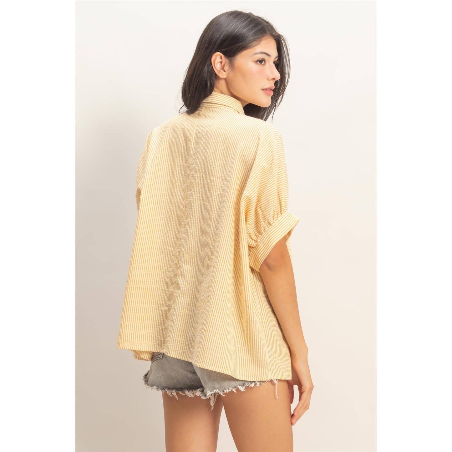 Striped Short Sleeve Button-Front Blouse - YELLOW