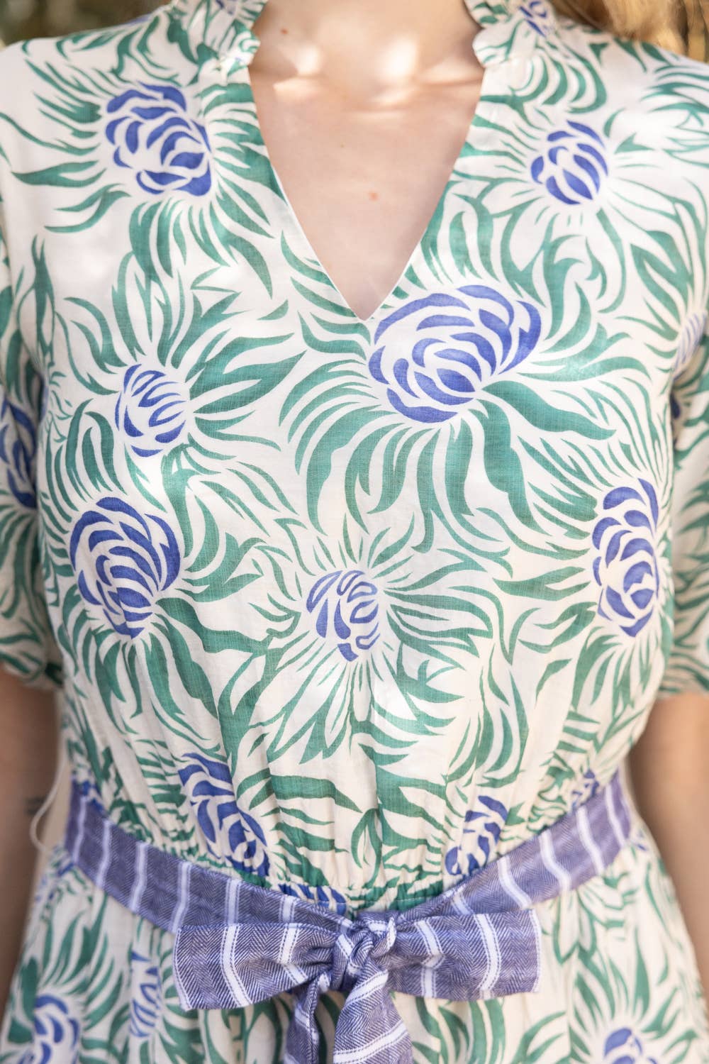 Eliza Floral Print Contrast Stripe Midi Dress--Green