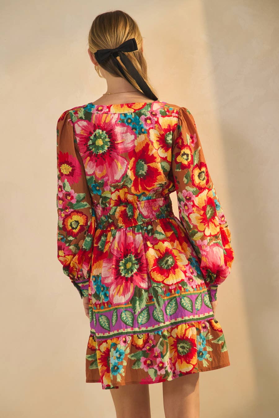 Nancy Floral Border Printed Mini Dress - Camel Multi